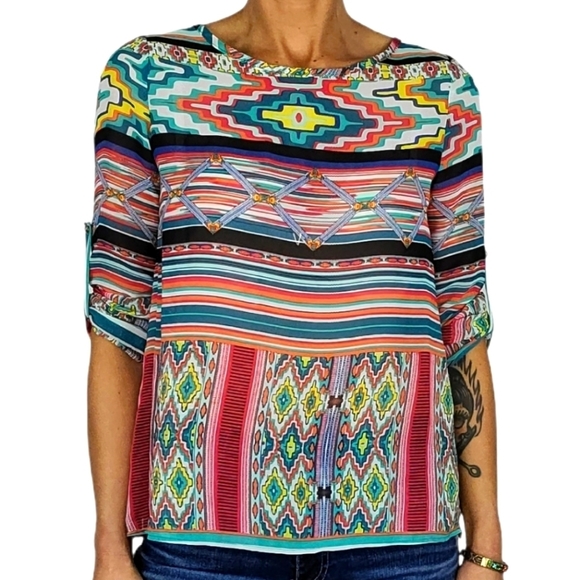 Rachel Kate Blouse Size Small Multi Color Quarter Sleeve Open Split Back - Picture 1 of 4